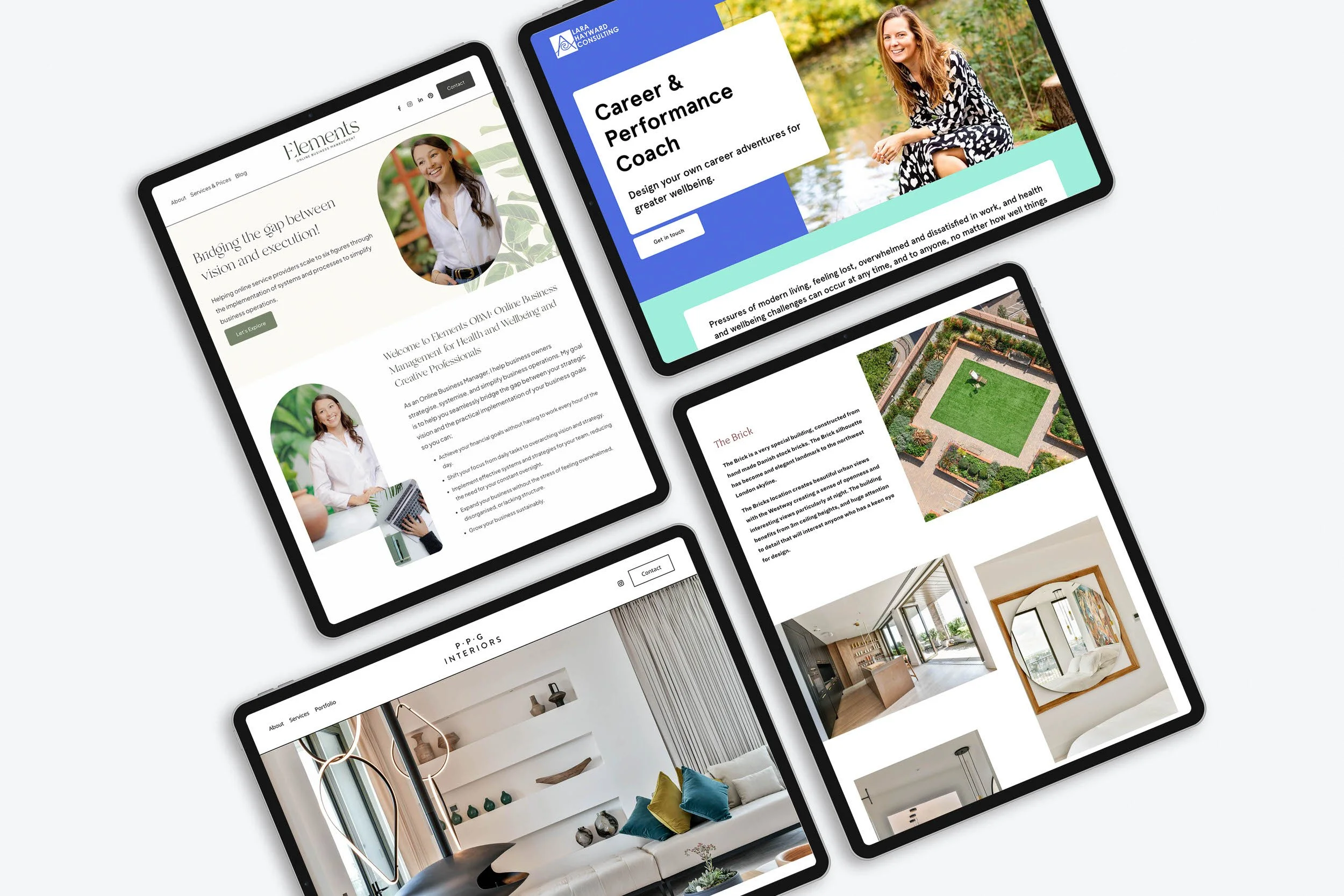 Four Squarespace website home pages shown on ipads