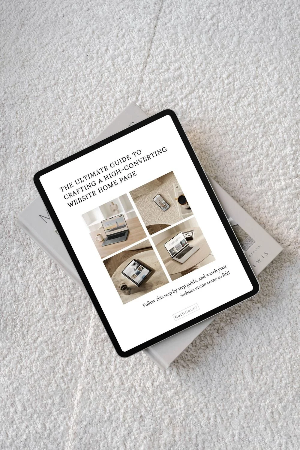 Tablet displaying webpage titled 'The Ultimate Guide to Crafting a High-Converting Website Home Page' on a white carpet.