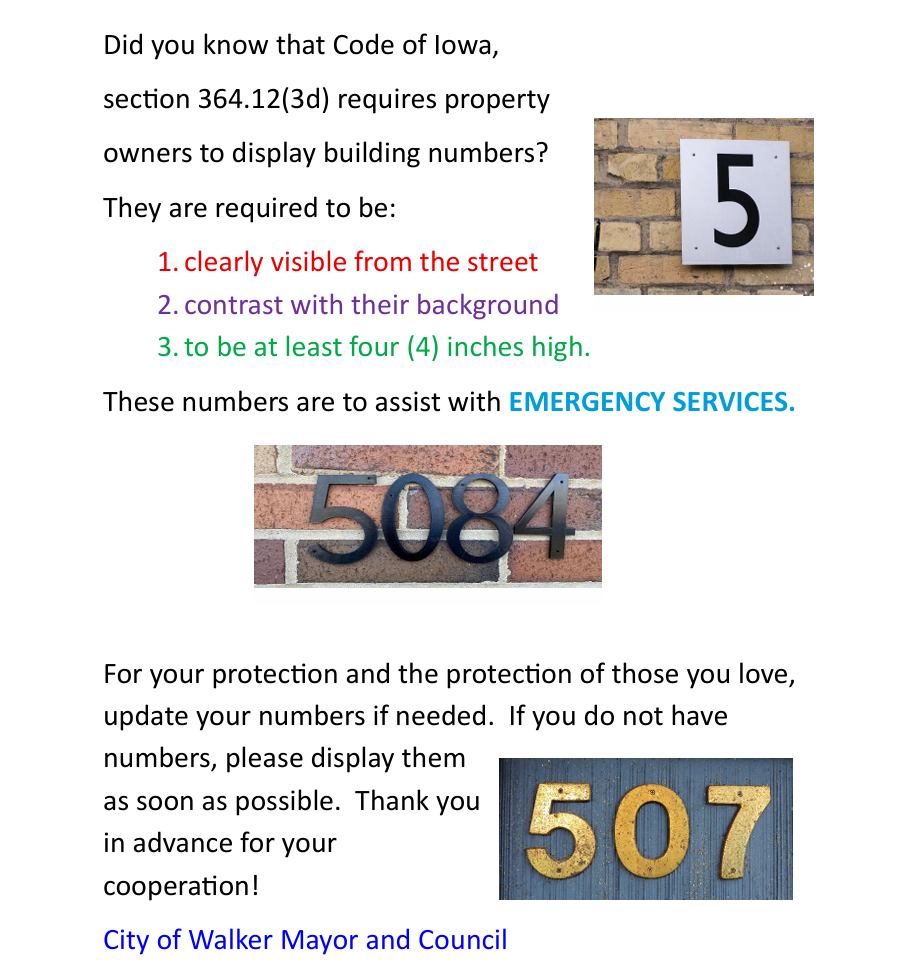 Notice - Code of Iowa Section 364.12(3d) - Building Numbers Displayed