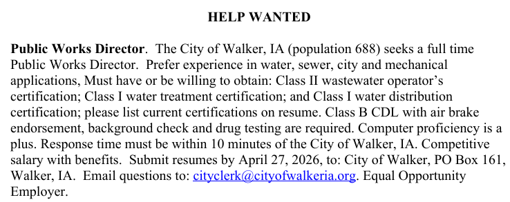 Help Wanted: Public Works Director