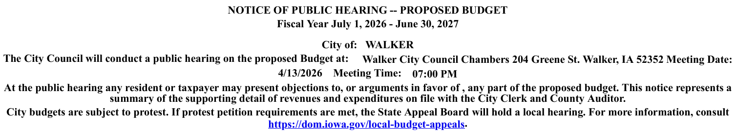 FY27 Proposed Budget Hearing 4/13/26 @ 7 p.m.