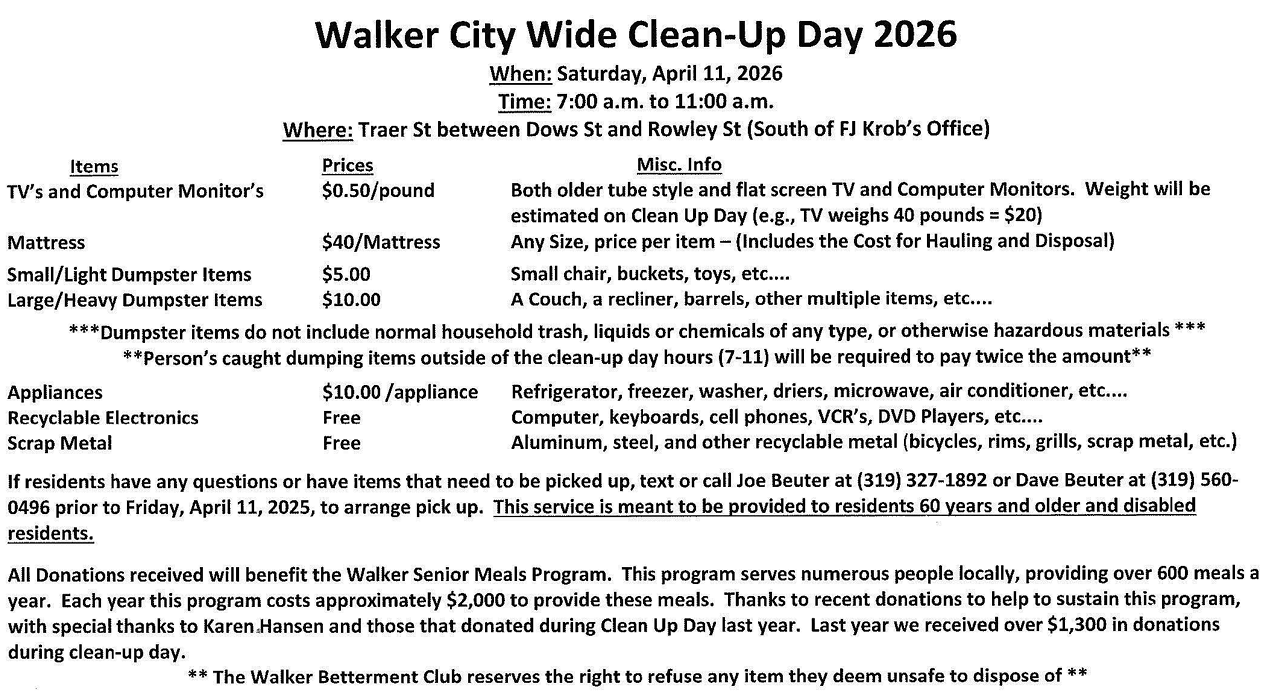 Walker City Wide Clean-Up Day 2026, Sat. April 11 from 7 a.m. to 11 a.m.