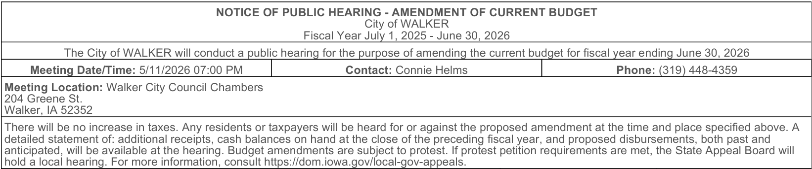Notice of Public Hearing for Fiscal Year 2026 Budget Amendment #2