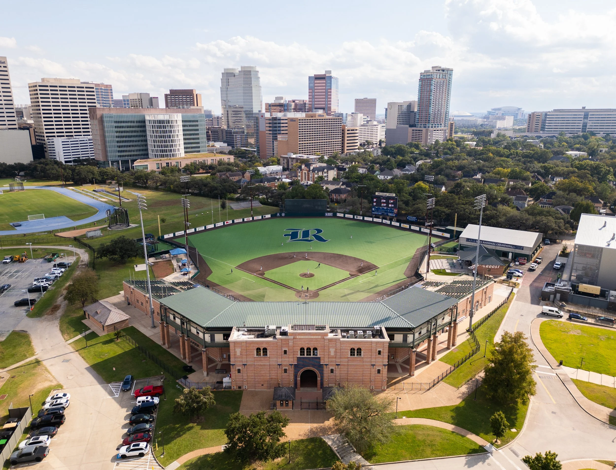 An aerial photo of Reckling Park, home of the Rice University Owl Baseball team. Located in Houston, Texas.