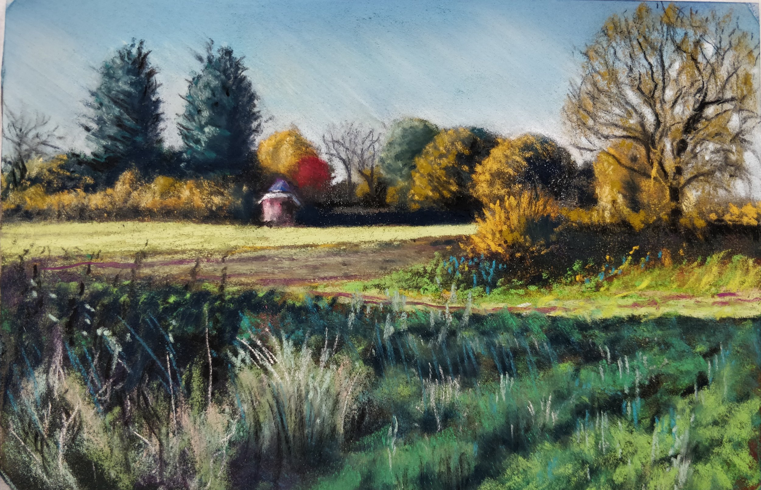 The Red Hut, Late Autumn. Soft pastel on brown Canson mi-teintes paper, 9" X 6.5".