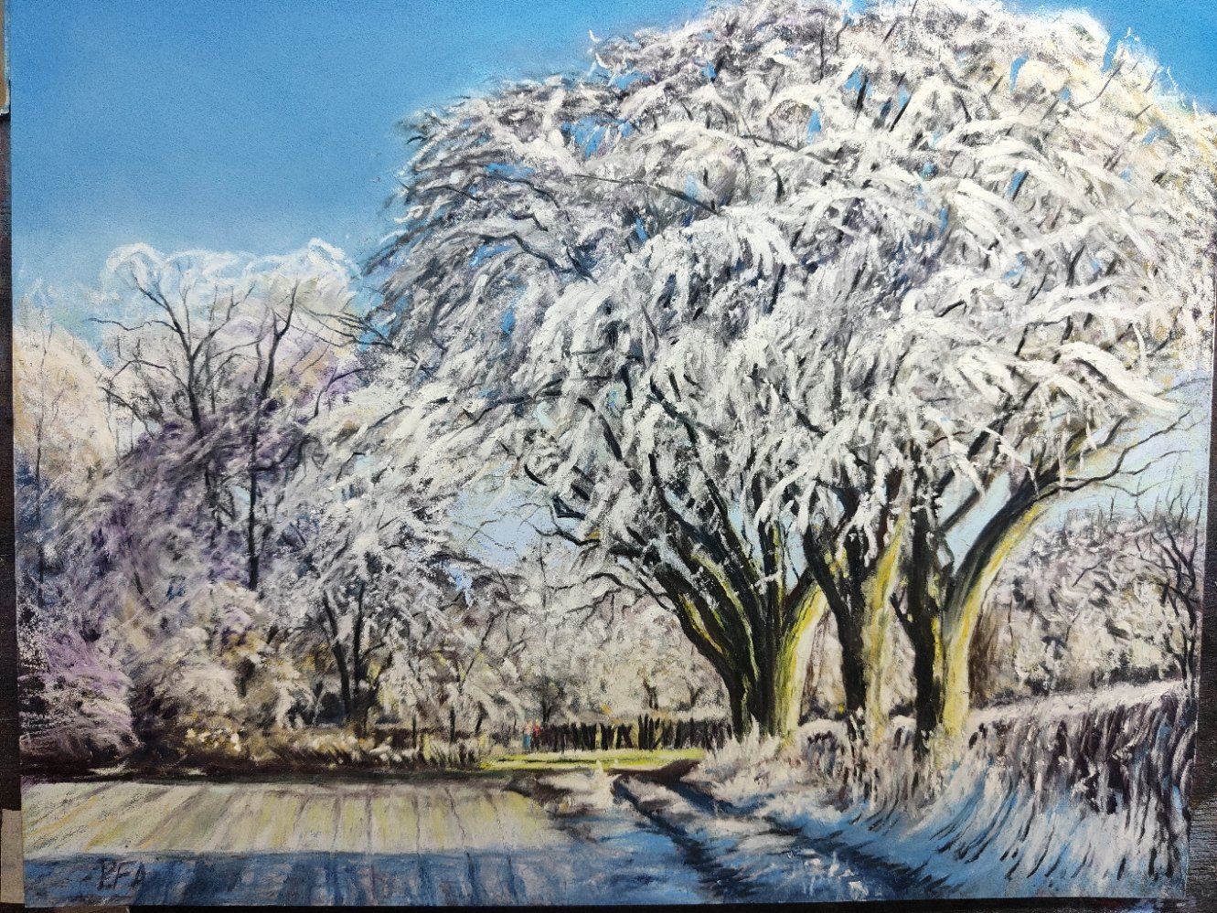 Air frost, Cold Harbour Farm. Blue Pastelmat, 12" x 9 1/2". £165 framed.