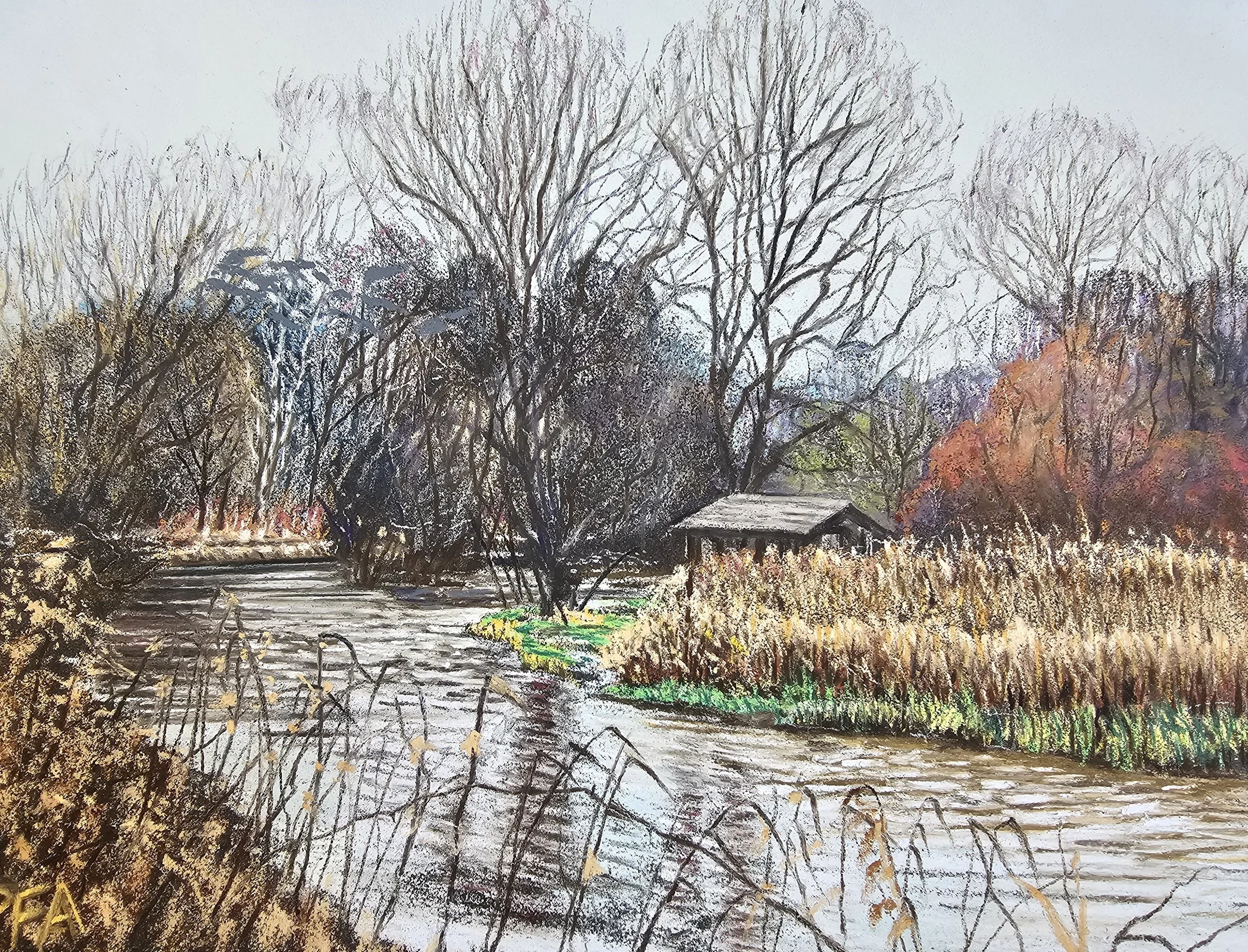 The Test near Chilbolton. Soft pastels on Pastelmat, 12" x 9", £185 framed.