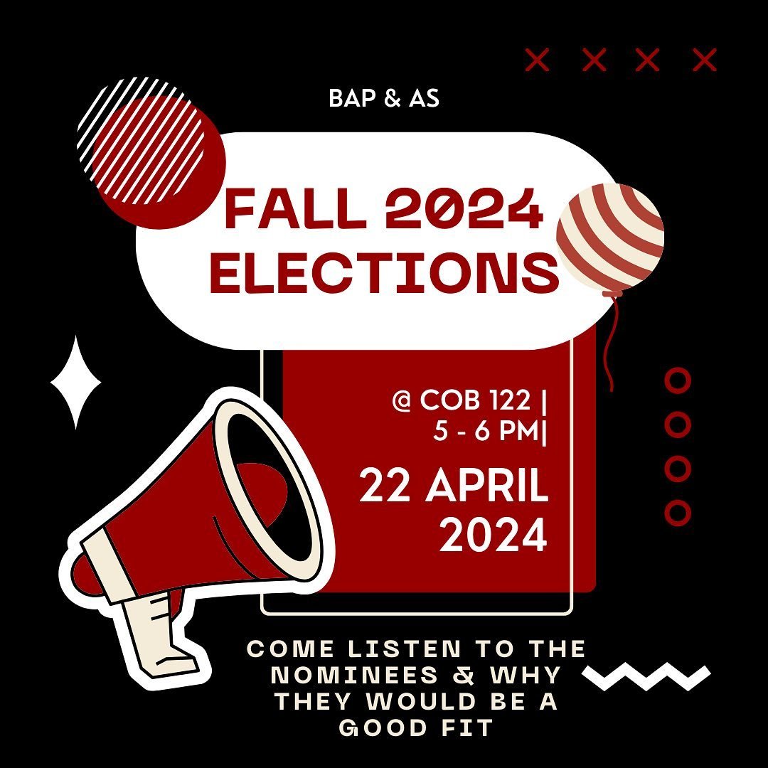 Elections for Fall 2024 📥🎉

Join us today to hear more about the candidates and why they&rsquo;re running for their roles! See you tonight!