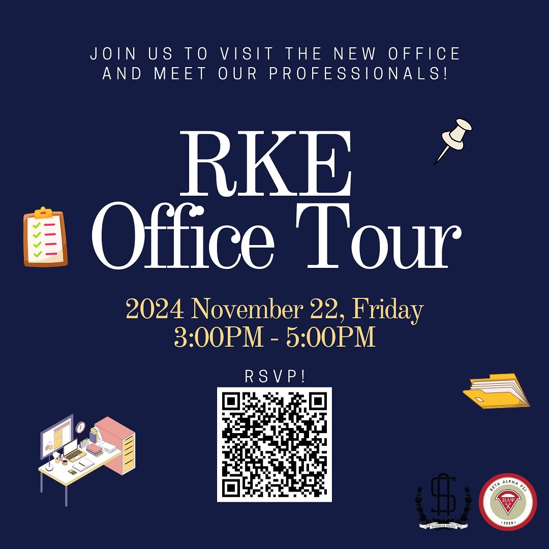 Beta Alpha Psi is pleased to announce that RKE will be hosting an office tour on Friday, November 22, from 3:00 to 5:00 PM. Space is limited, so please RSVP in advance to secure your spot. We look forward to seeing you there!