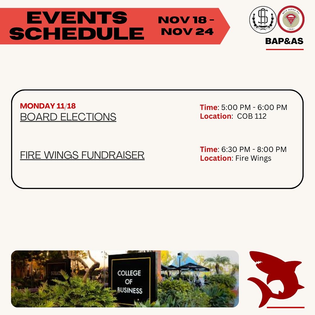 🦈Events Schedule🦈

We&rsquo;ve got exciting events coming up with BAP board elections being this week at COB-112 at 5PM. Also make sure to stop by our fire wings fundraiser to support our org!