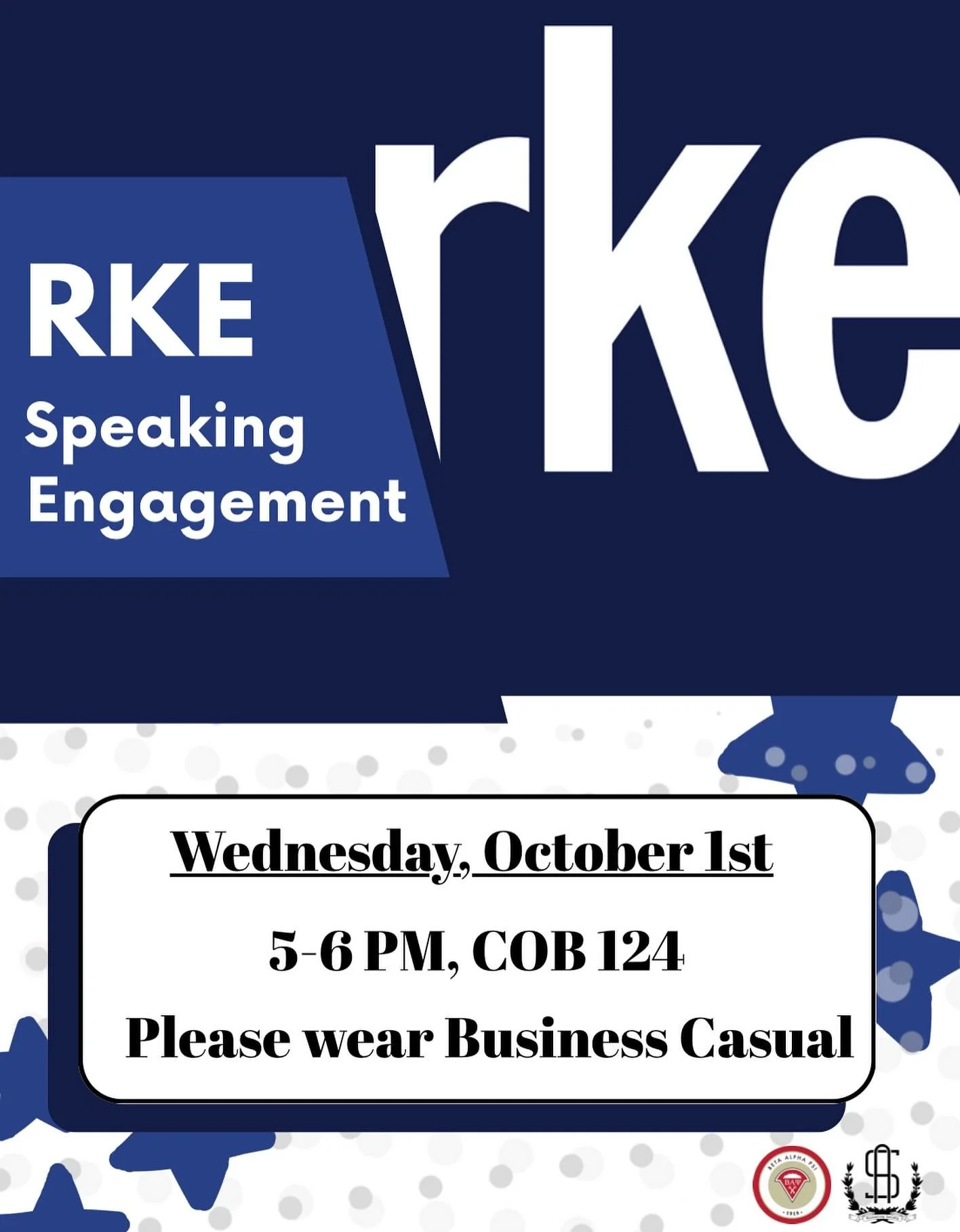 Reminder that we'll be hosting RKE this Wednesday from 5-6! Stop by and learn more about RKE and connect with profesionals! If you've already spoken to RKE at meet the firms, this is a great opportunity to reconnect with those you spoke to and show f