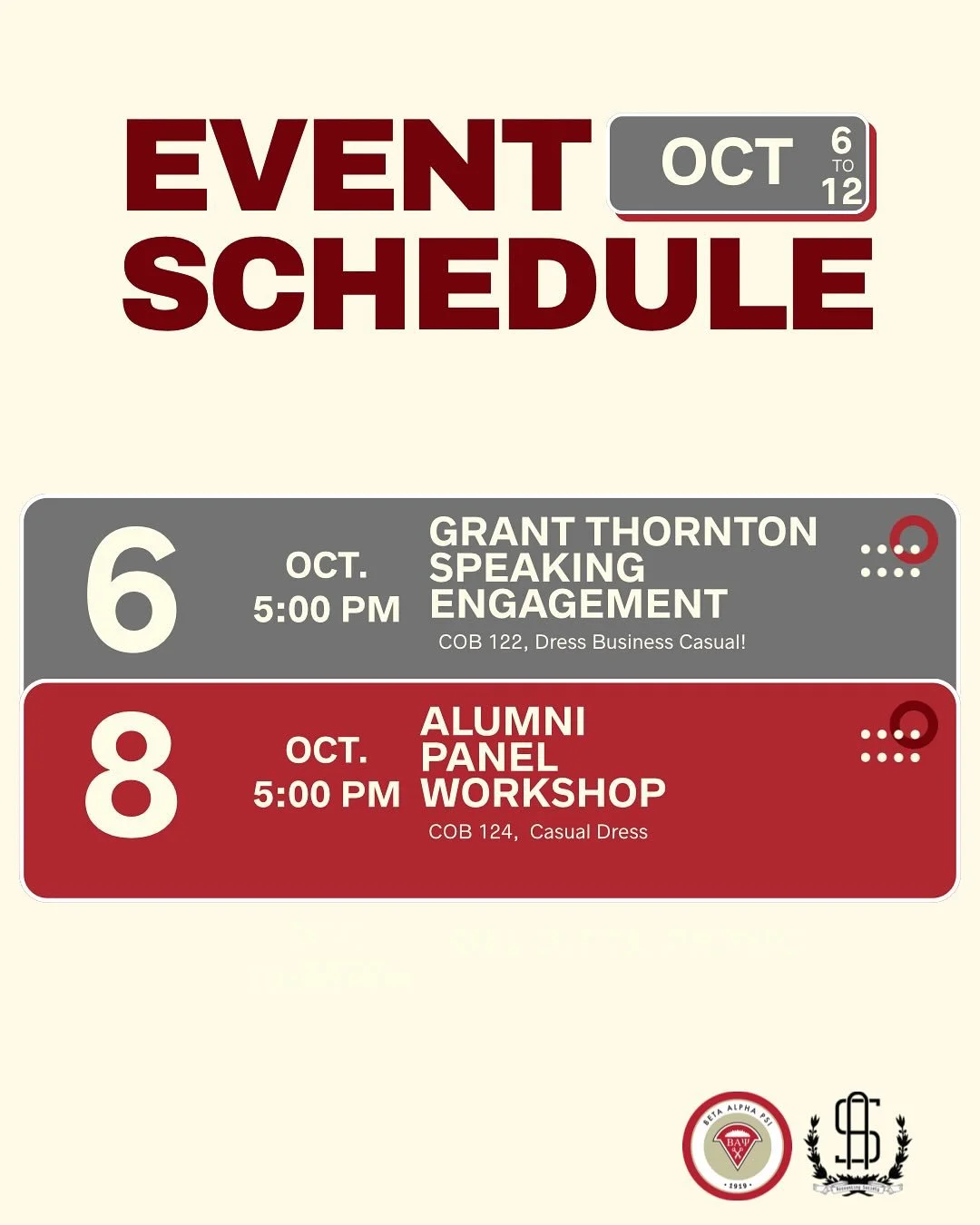 Hello everyone, please see the schedule for this upcoming week! We&rsquo;re excited to be hosting both a speaking engagement and workshop with alumni this week, so please join us! We look forward to seeing you all come out!