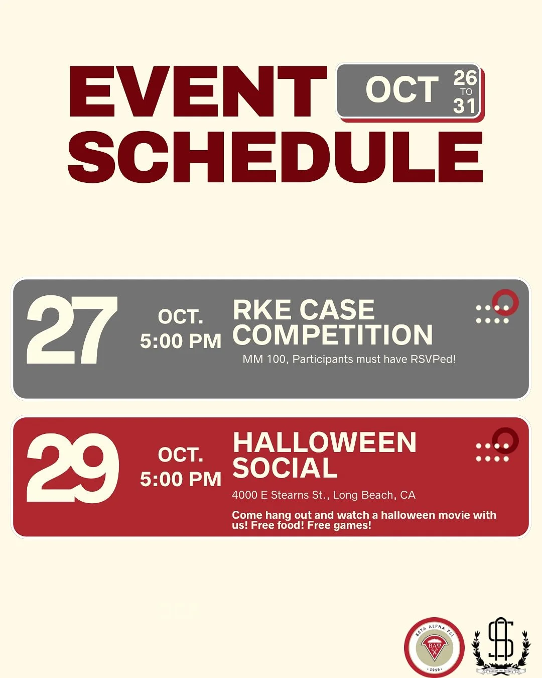 Happy Halloween everyone! Please see this weeks events! 

We're excited to be hosting RKE as they hold a case competition, with an opportunity to win cash prizes and gain real world experience! Looking for something more casual? Join us for our Hallo