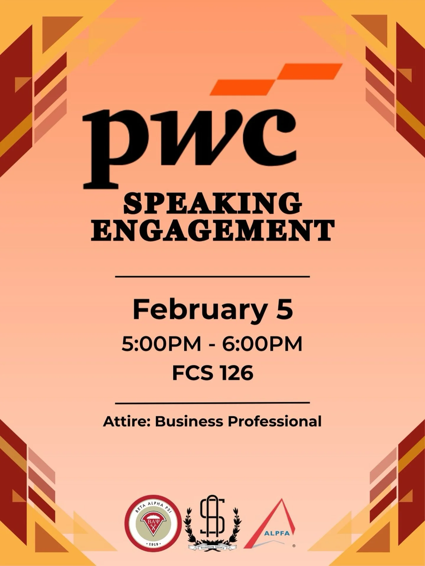 This Thursday, we will be partnering with @csulb.alpfa to welcome professionals from PwC for a Big 4 Speaking Engagement!  This session will offer attendees valuable insight into PwC&rsquo;s work, professional environment, and the opportunities avail