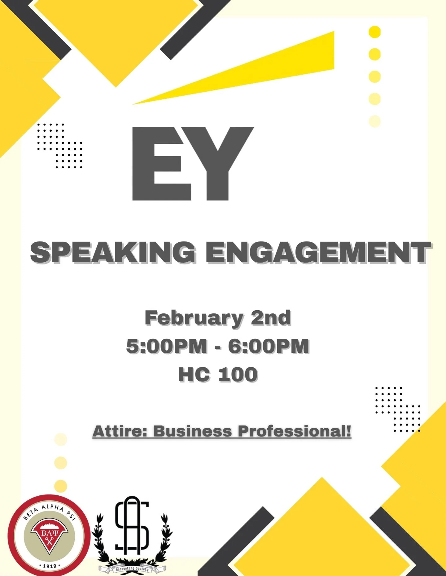 We are pleased to announce our first Big 4 Speaking Engagement of the semester, EY!

This event is an excellent opportunity to gain insight into the firm, learn from experienced industry leaders, and engage directly with representatives from one of t