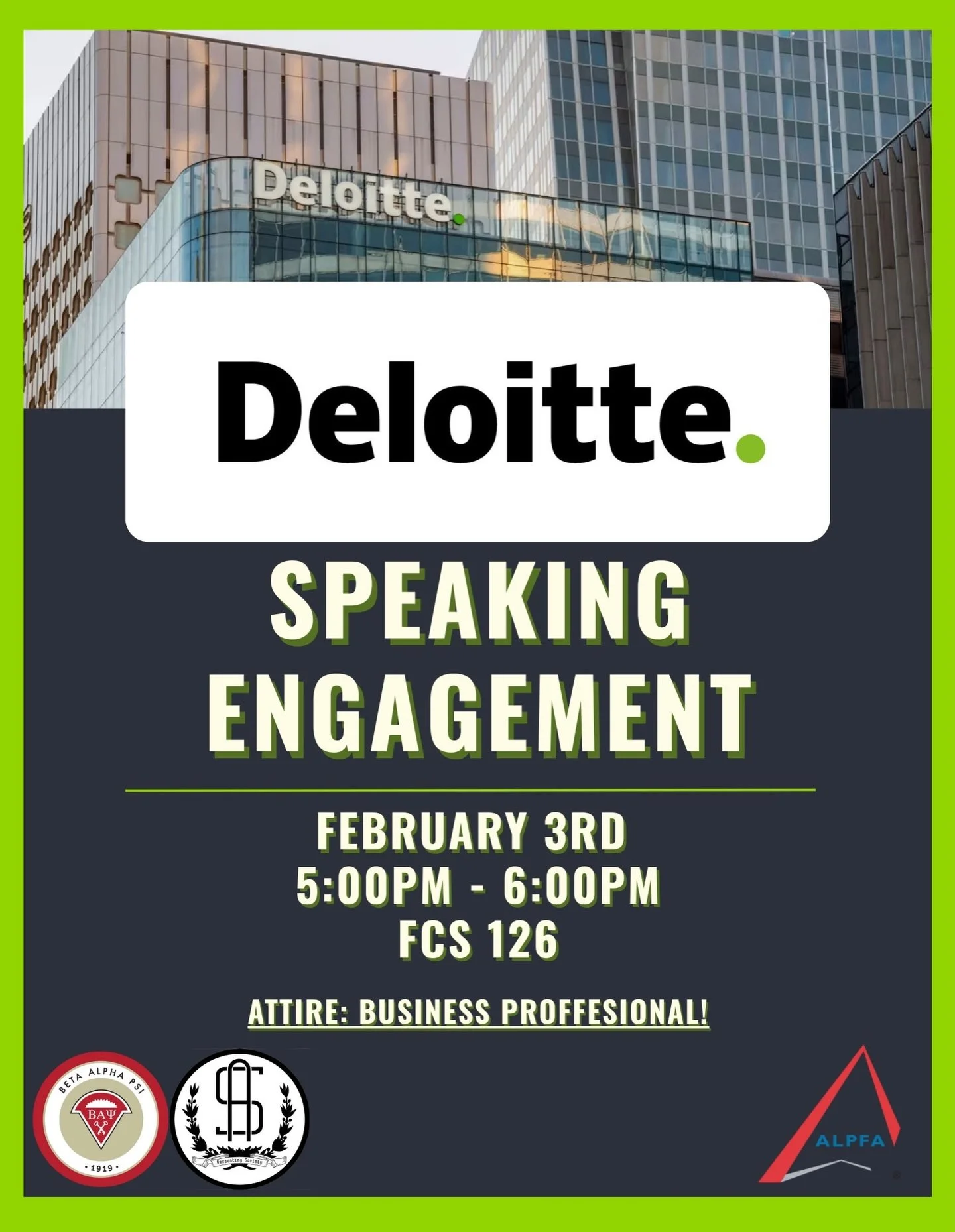 This Tuesday, we are excited to partner with @csulb.alpfa to host professionals from Deloitte for our Big 4 Speaking Engagement. This event will provide students with the opportunity to learn more about Deloitte&rsquo;s service lines, workplace cultu