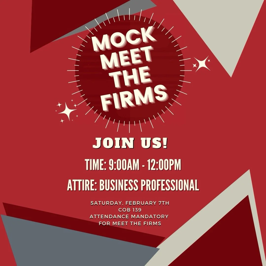 Planning on attending Meet the Firms?

If so, your attendance is MANDATORY to attend Mock Meet the Firms this Saturday, at 9:00AM! Gain valuable insight on what professionals look for while recruiting students at Meet the Firms, practice asking quest