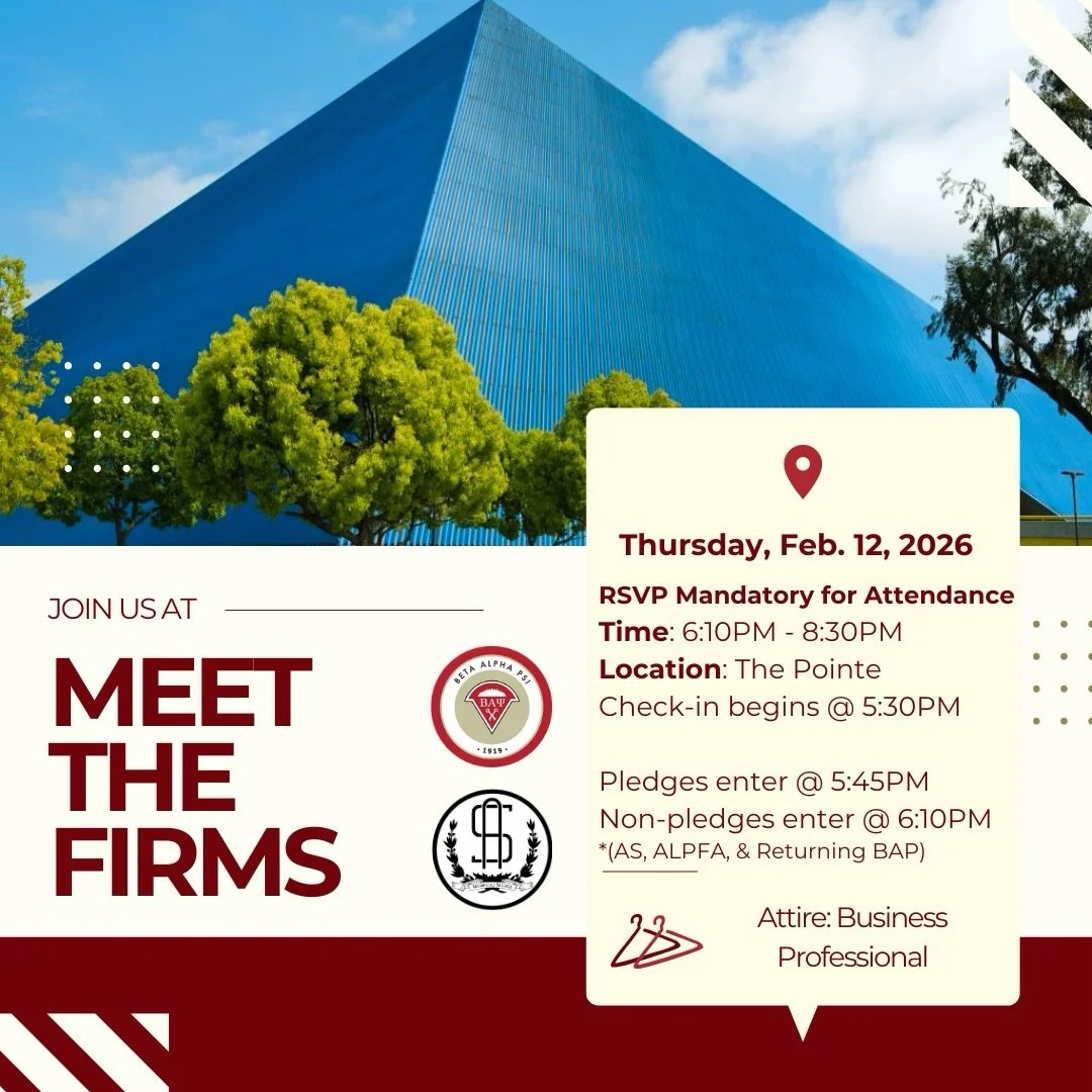 We&rsquo;re excited for everyone to join us for our biggest event of the semester, Meet the Firms!

Interact with professionals from over 30 firms in our hallmark event! Please keep in mind that this is an RSVP only event, so if you have not RSVP&rsq