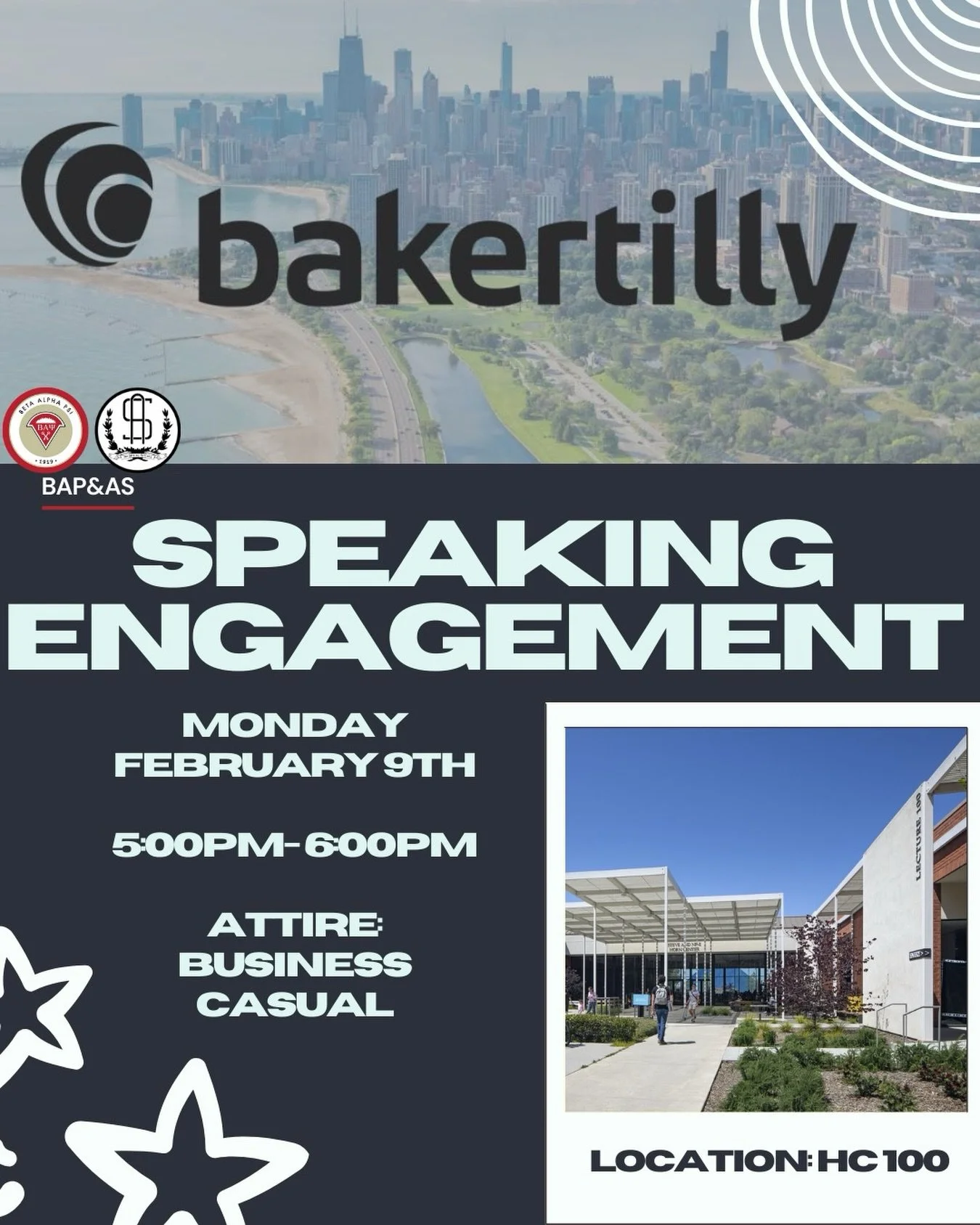 Join us for Baker Tilly&rsquo;s Speaking Engagement on February 9th at 5PM @ HC 100! This is a great opportunity to network with industry professionals, learn about the services and work that Baker Tilly provides, and in all gain insight into early c