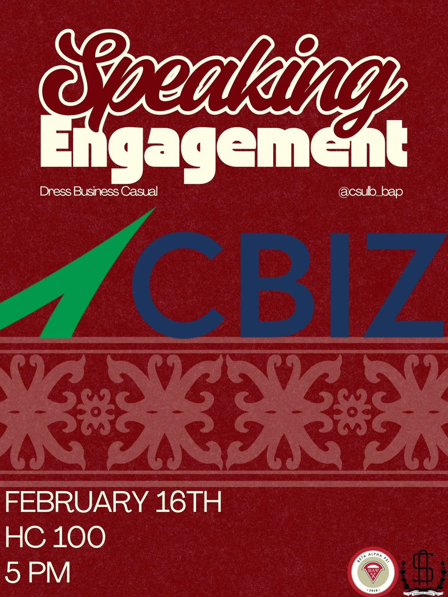 Join us for CBIZ&rsquo;s Speaking Engagement, tomorrow, February 16th at 5PM in HC 100! Come connect with professionals from CBIZ, explore the range of services they provide, and learn more about potential career paths and early opportunities within 