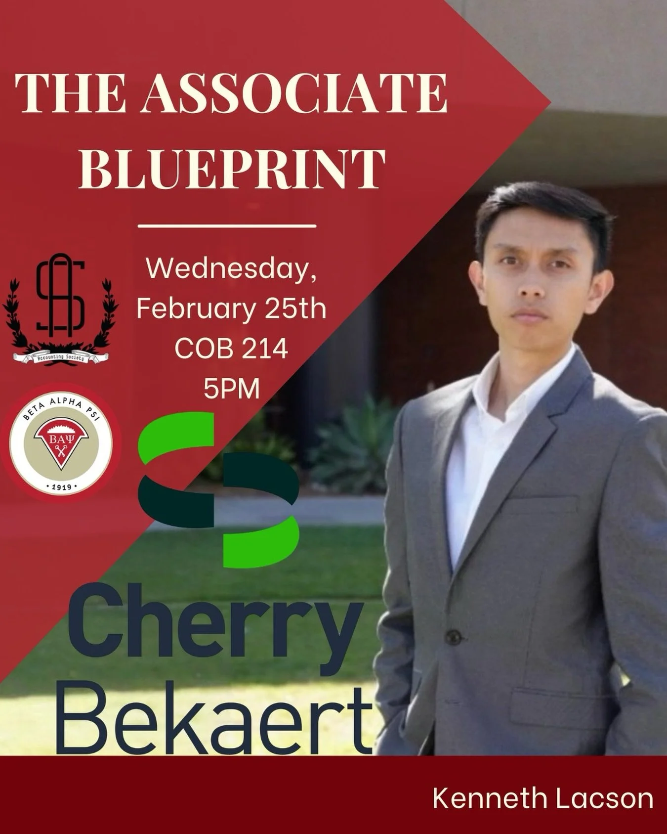 Join us for The Associate Blueprint with Kenneth Lacson, this Wednesday, February 25th at 5PM in COB 214! 

In this interactive session, Kenneth will share valuable insight on business etiquette, how to navigate internships and networking events with