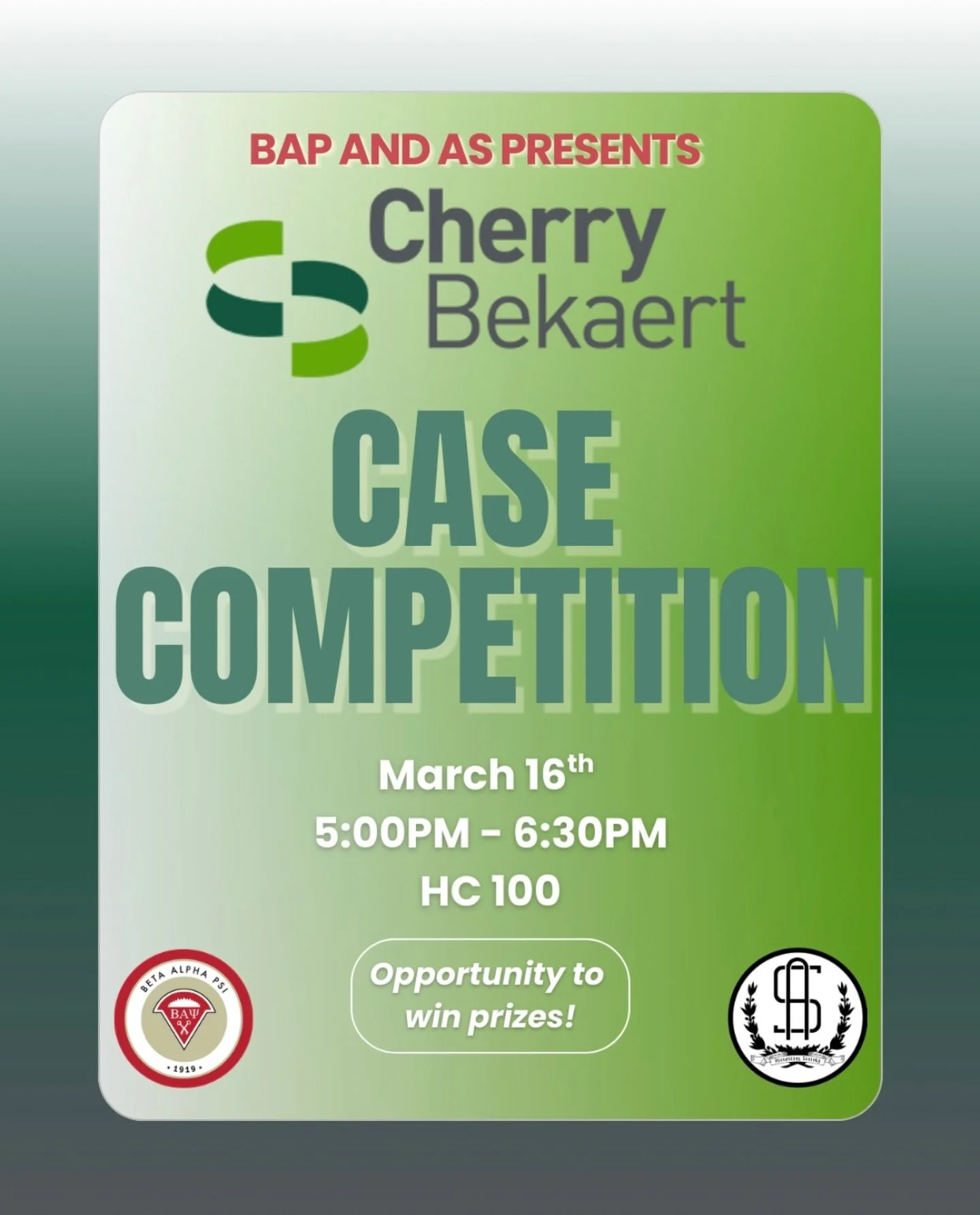 We&rsquo;re excited to welcome back Cherry Bekaert (prev. RKE) for their semesterly Case Competition!  Join us today, March 16th, in HC 100 at 5PM for an action packed real-world competition where you&rsquo;ll tackle a case alongside your peers while