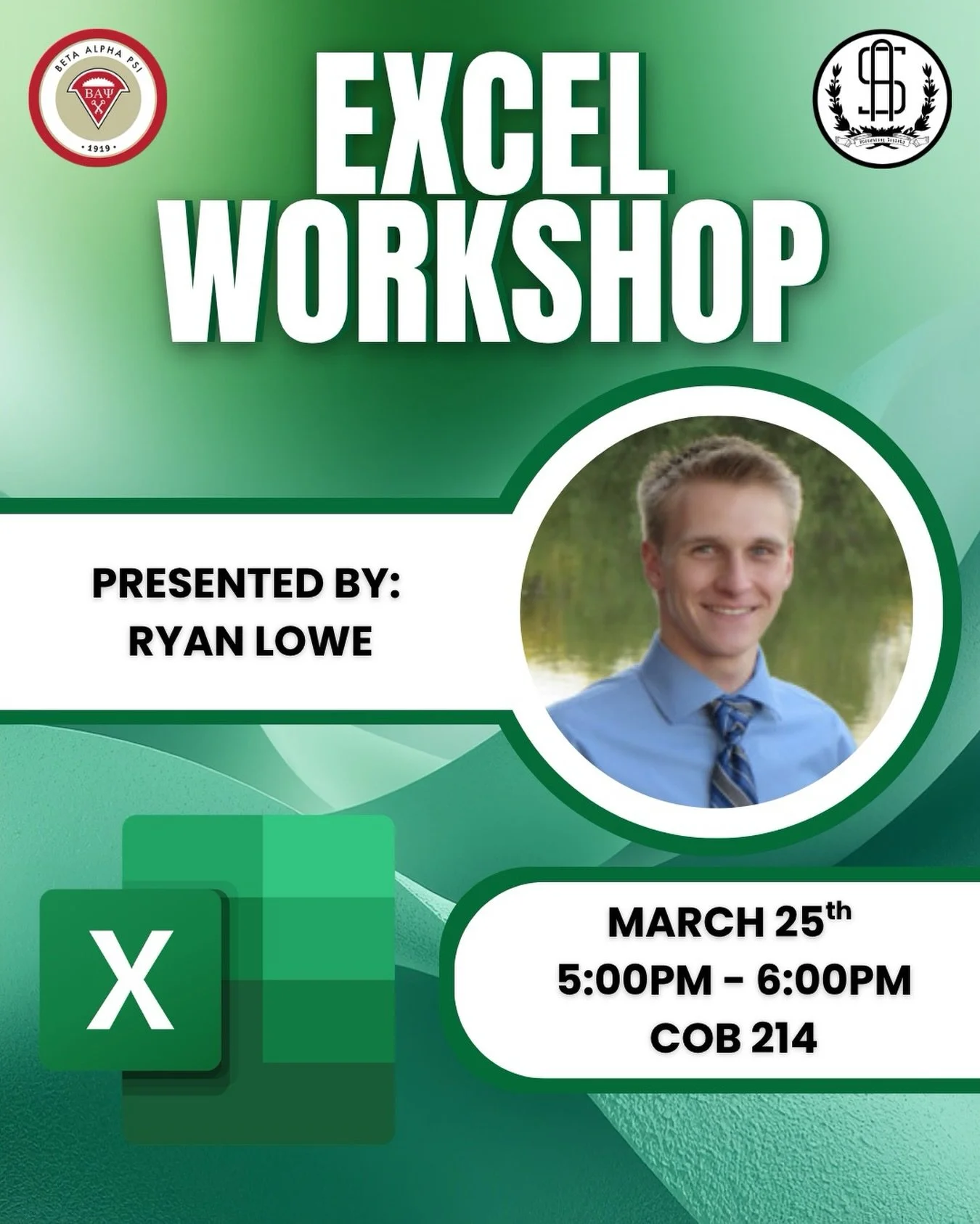 Join us this Wednesday, March 25th, for our Excel Workshop hosted by Ryan Lowe!   Come to COB 214 at 5PM for an amazing opportunity to strengthen your Excel skills, learn practical functions and techniques, and gain tools that will be valuable in bot