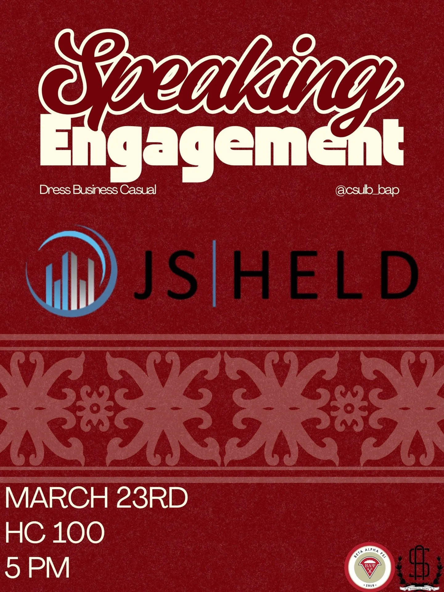 Join us tomorrow, March 23rd, for our JS Held Speaking Engagement at 5PM in HC 100!   This is a great opportunity to connect with professionals from JS Held, learn more about the services they provide, and gain insight into potential internship and e