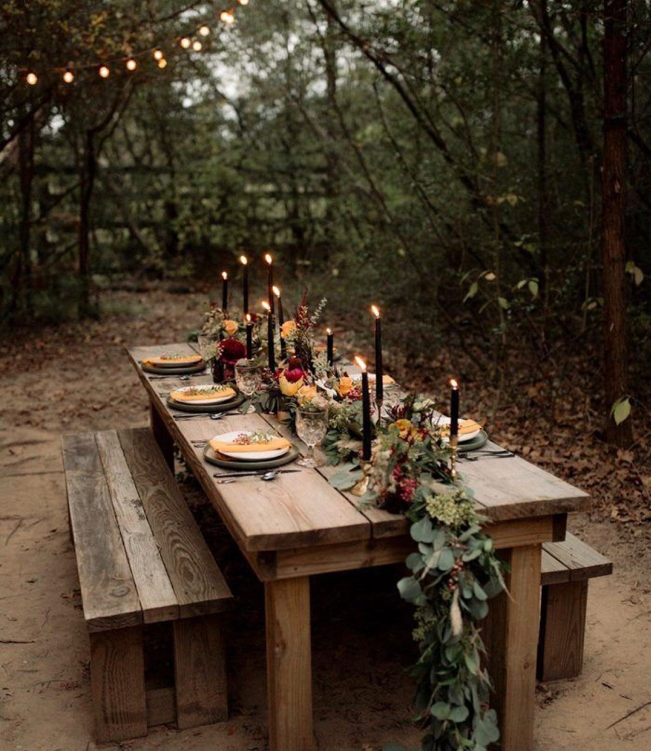 Handmade wooden tables to seat 160 guests coming soon! These pair well with our wooden chairs and all you need is a little greenery and lights ✨

Pc: Pinterest (photo for reference)