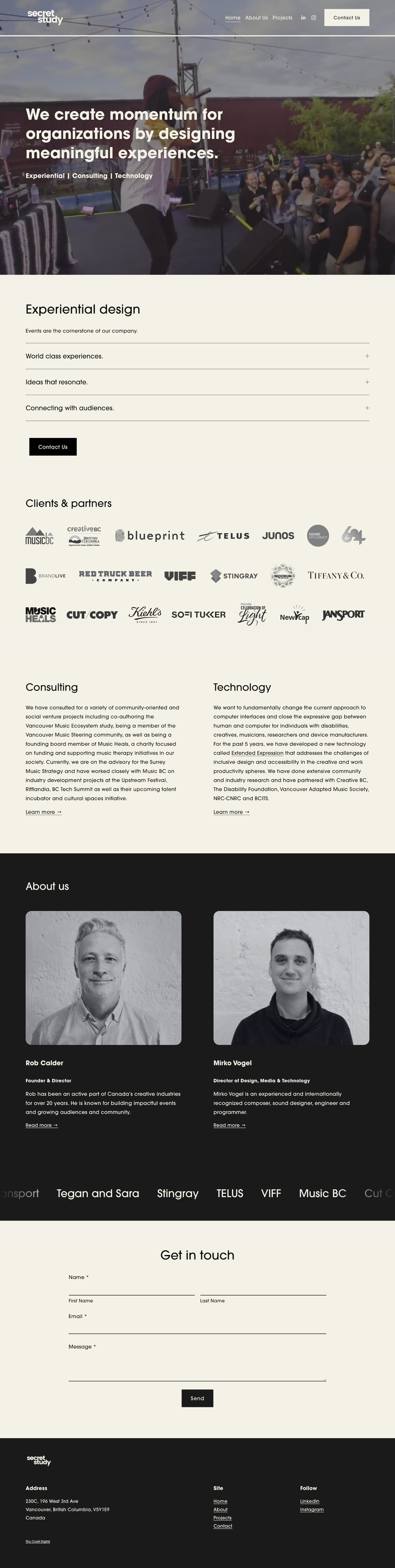 Squarespace web design for creative services studio featuring immersive video background, logo wall and scrolling text