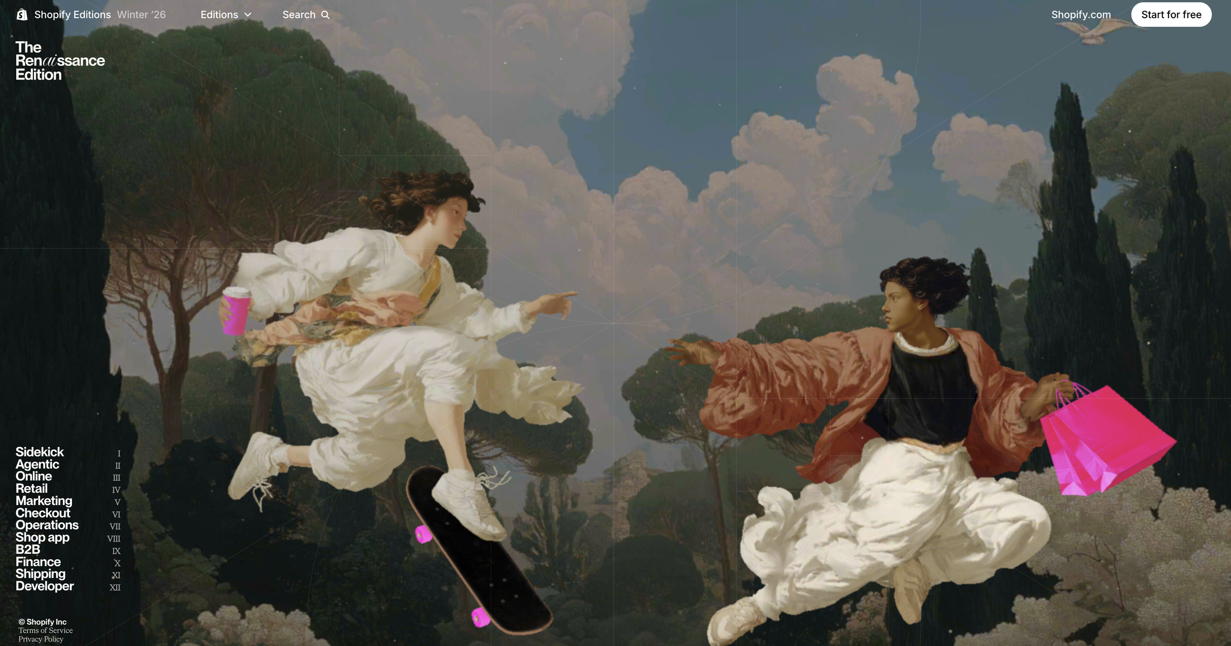 A shopfiy website showing renaissance style imagery with modern images is a major 2026 web design trend