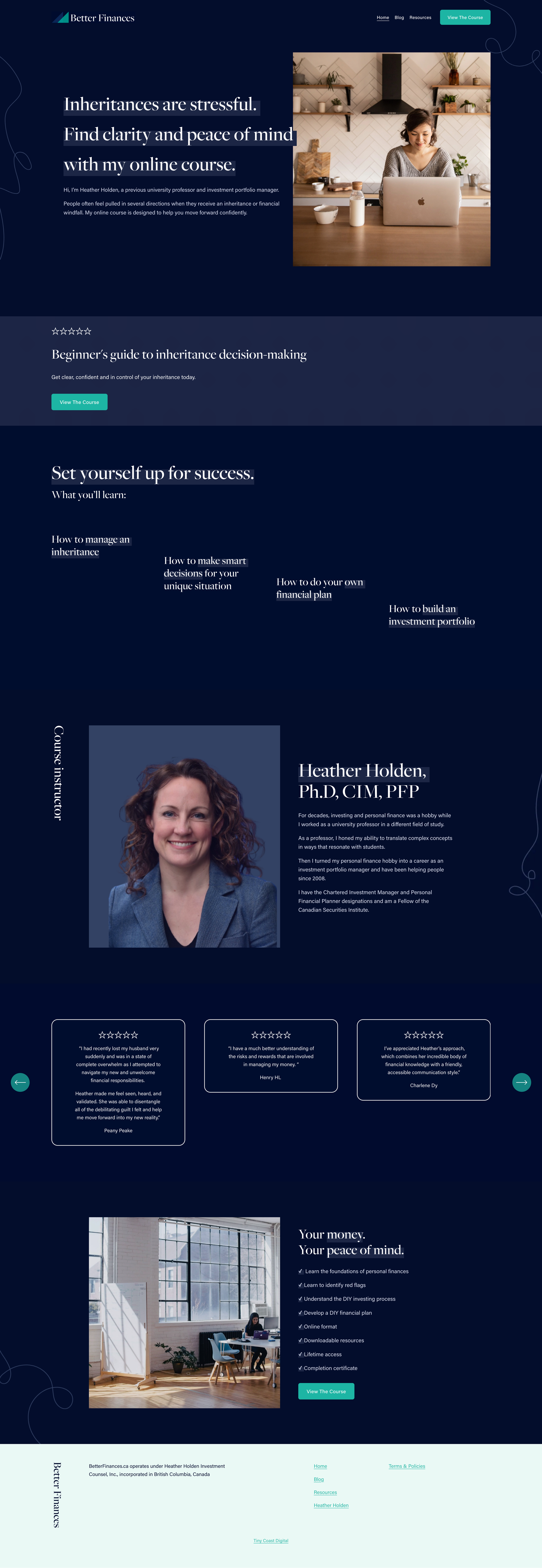 Squarespace finance website featuring dark colour palette, subtle animation and clean design