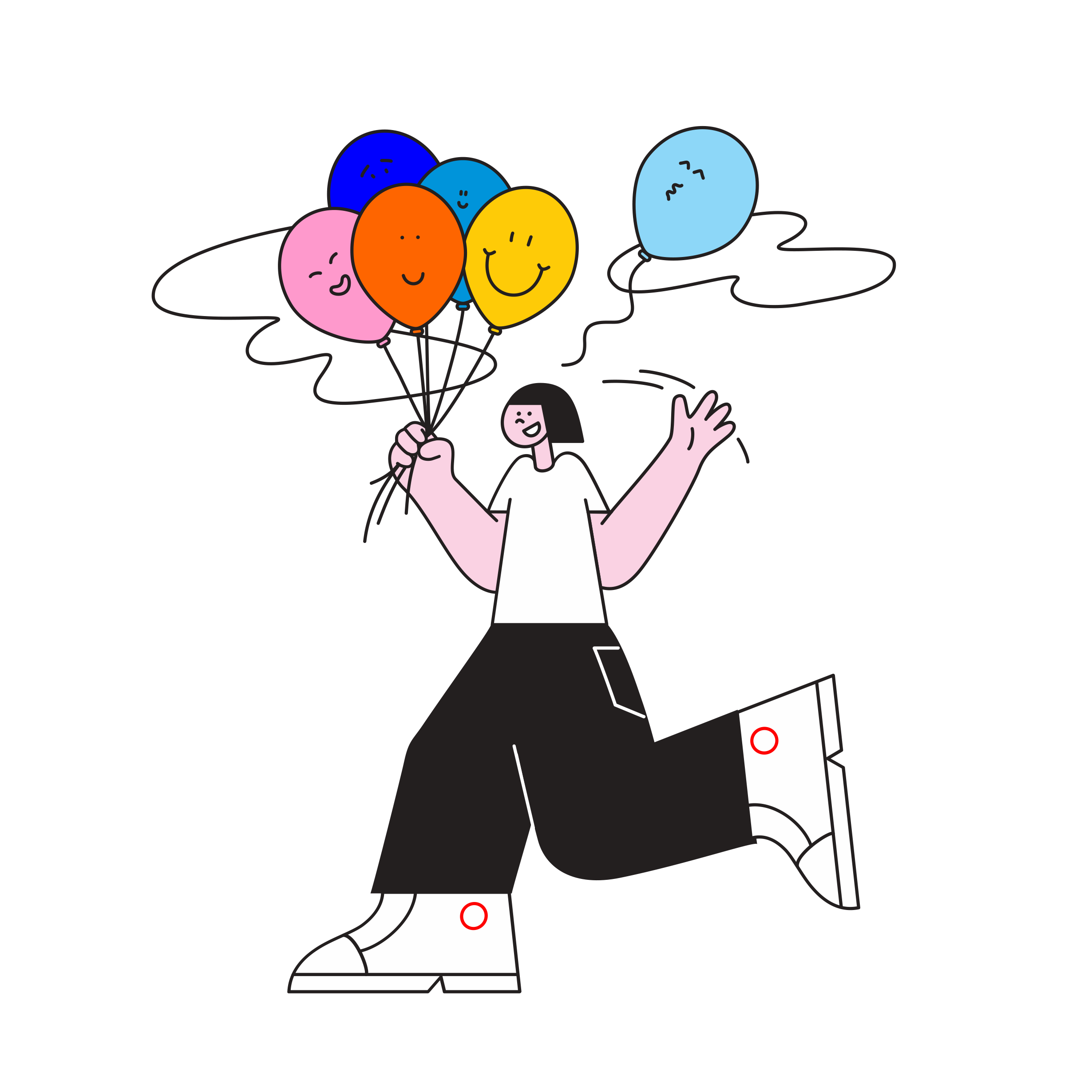 A cartoon of a squarespace desiger holding colorful balloons with happy faces, wearing white sneakers, black pants, a white shirt, and smiling