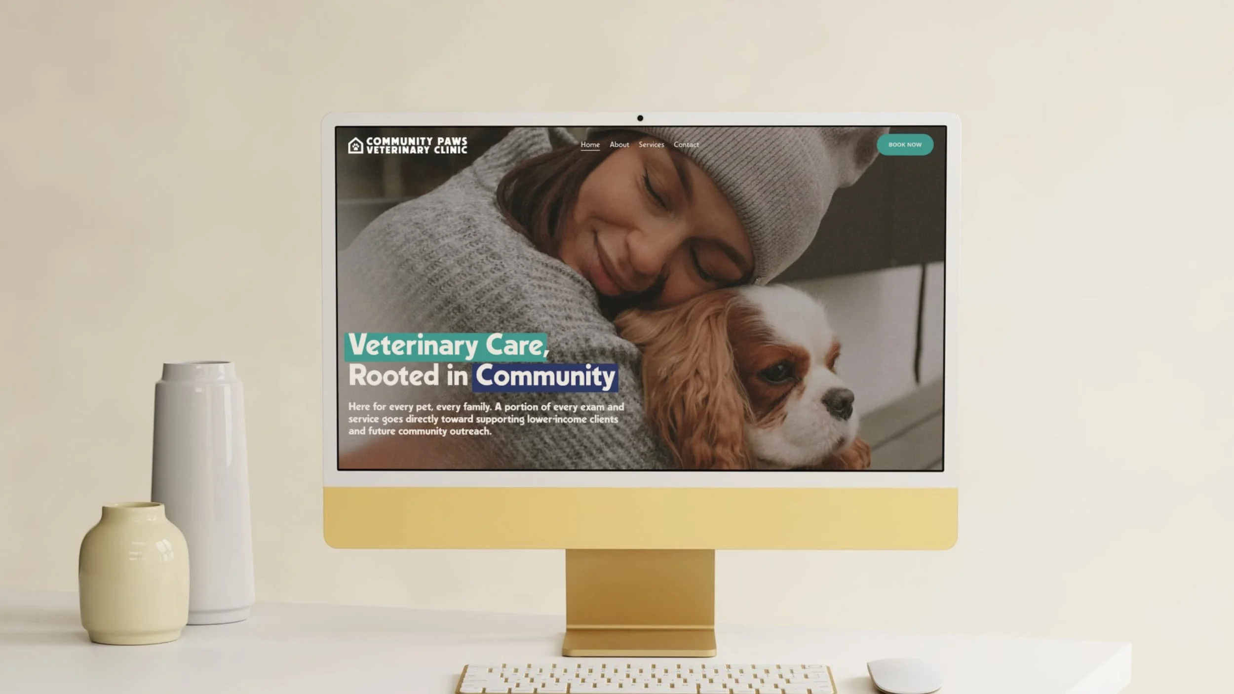 squarespace website for a veterinary clinic featuring organic shapes and playful colours