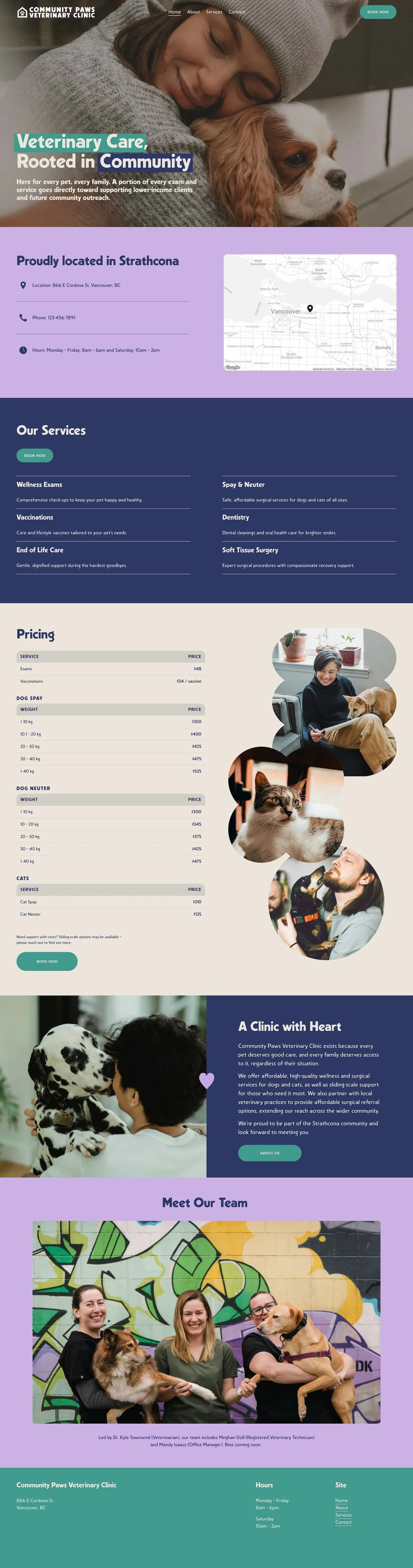 Colorful Squarespace Website for a Canadian social enterprise Veterinary Clinic by Squarespace Web Designer Brittany Taylor