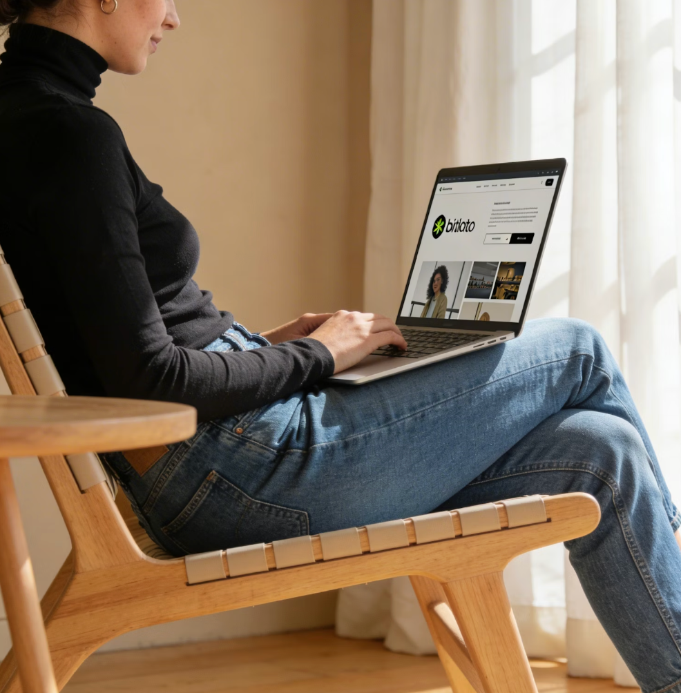 A woman sitting on a wooden chair with a laptop on her lap, browsing a website.