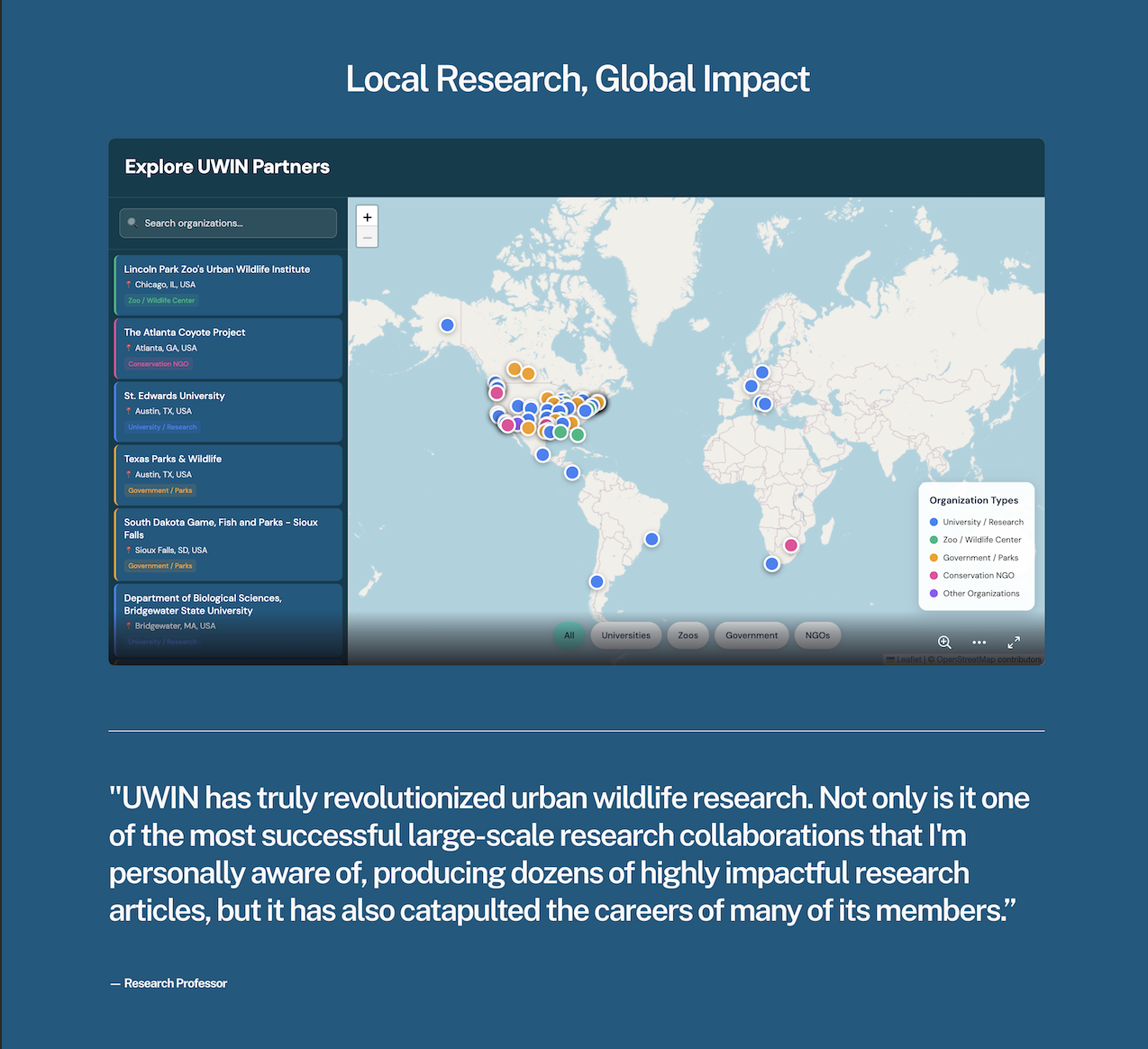 a squarespace nonprofit website featuring an embedable interactive map and quotes