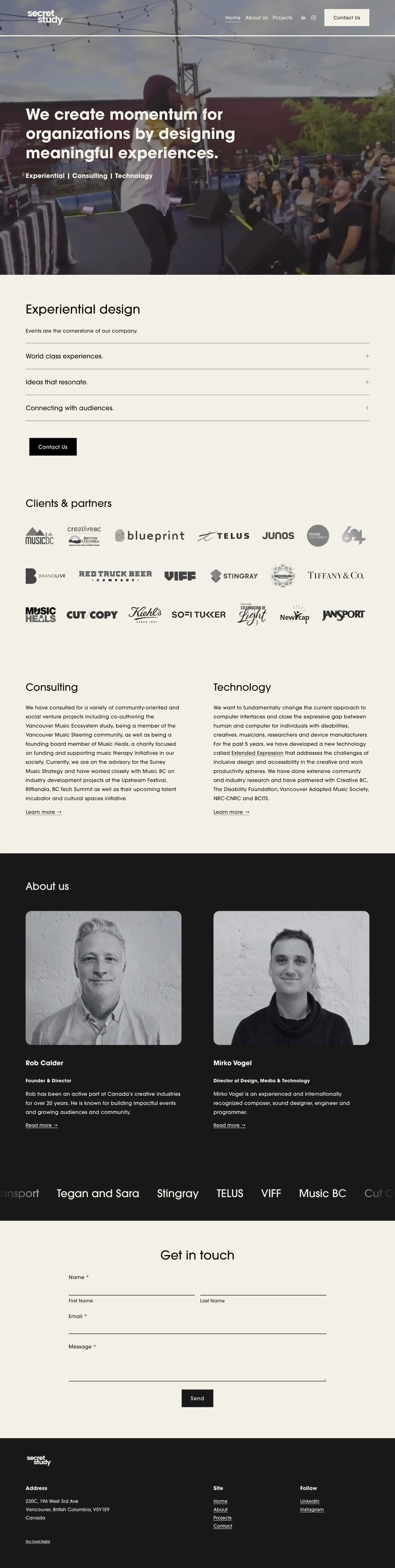 Screenshot of a website homepage for Secret Study, featuring a header with navigation links and a contact button, an image of a performer on stage at an outdoor event with an audience, sections describing experiential design, clients and partners, consulting, technology, about us with photos of two team members, a footer with links and contact information, and a contact form at the bottom.