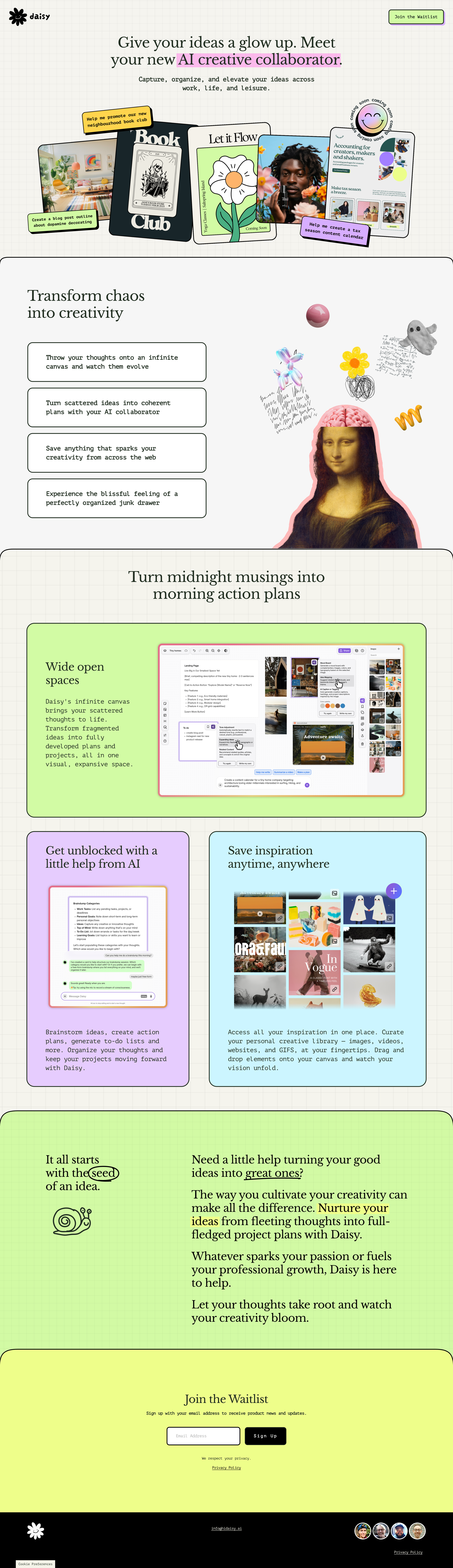 Colourful and playful Squarespace website for AI startup featuring 3d images, neon colour palette and doodle illustrations