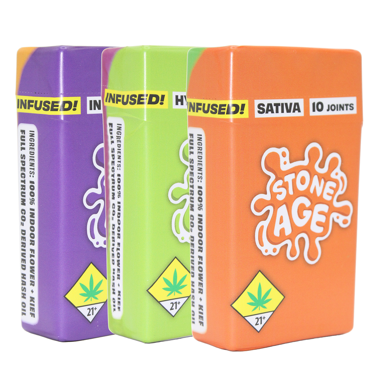 Three colorful boxes of infused pre-rolled products labeled as Sativa with 10 joints each, containing ingredients like 100% indoor flower and full spectrum CO2 derived hash oil, and marked with a cannabis leaf symbol.