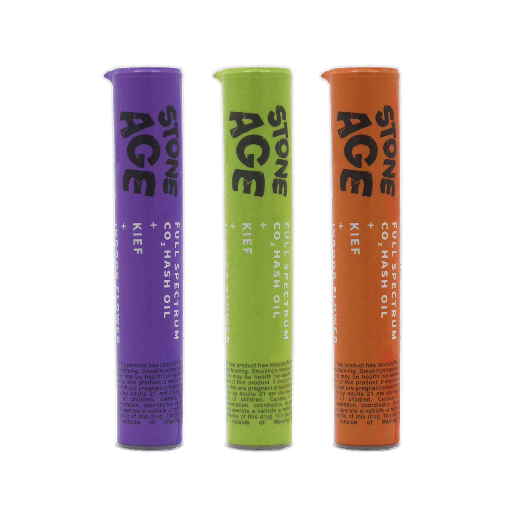 Three cylindrical containers labeled "Stone Age" with the text "Full Spectrum CO2 Hash Oil + Kief." The containers are colored purple, green, and orange.