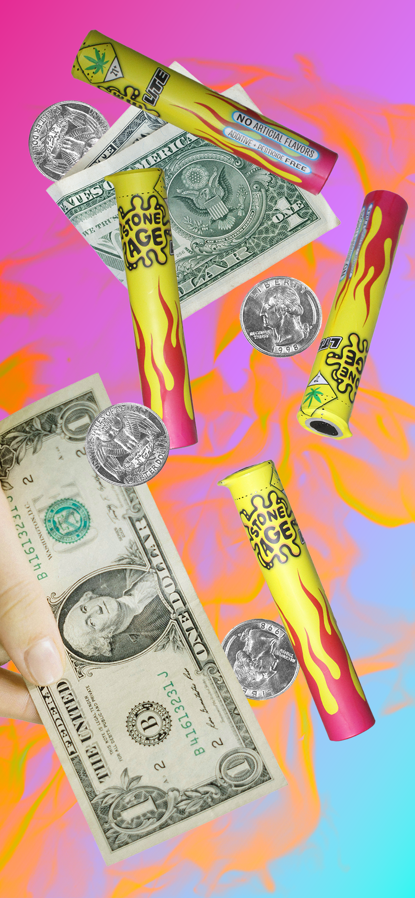 Colorful digital artwork featuring cryptocurrency and dollar bills, with neon pink and purple background and abstract orange and blue patterns.