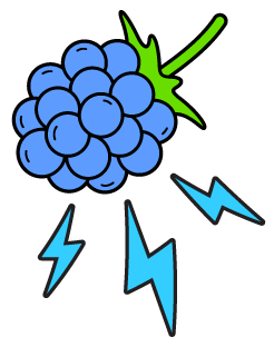 Illustration of a blue raspberry with lightning bolts, suggesting a storm or thunder.