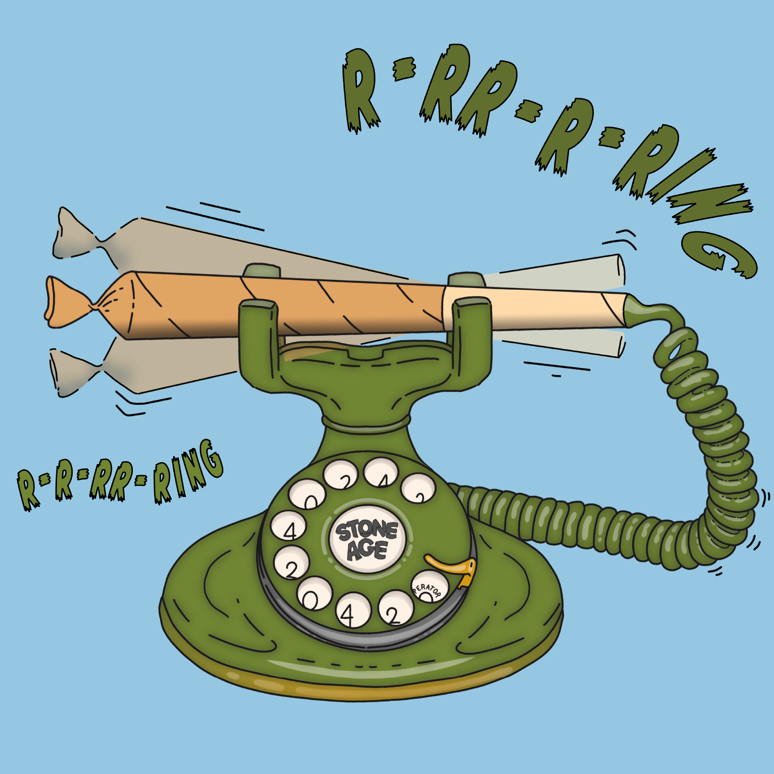 Illustration of a Stone Age telephone with a rotary dial and joint-shaped handset. The phone is ringing with "RRRRRING" sound effects. Set against a light blue background.