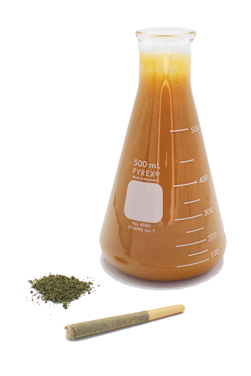 Erlenmeyer flask filled with extract, beside ground flower and a pre roll cone.