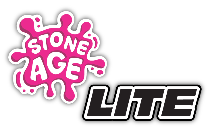 Logo with pink splash design containing the words 'Stone Age' in white, and the word 'Lite' in white with a black outline on a black background.