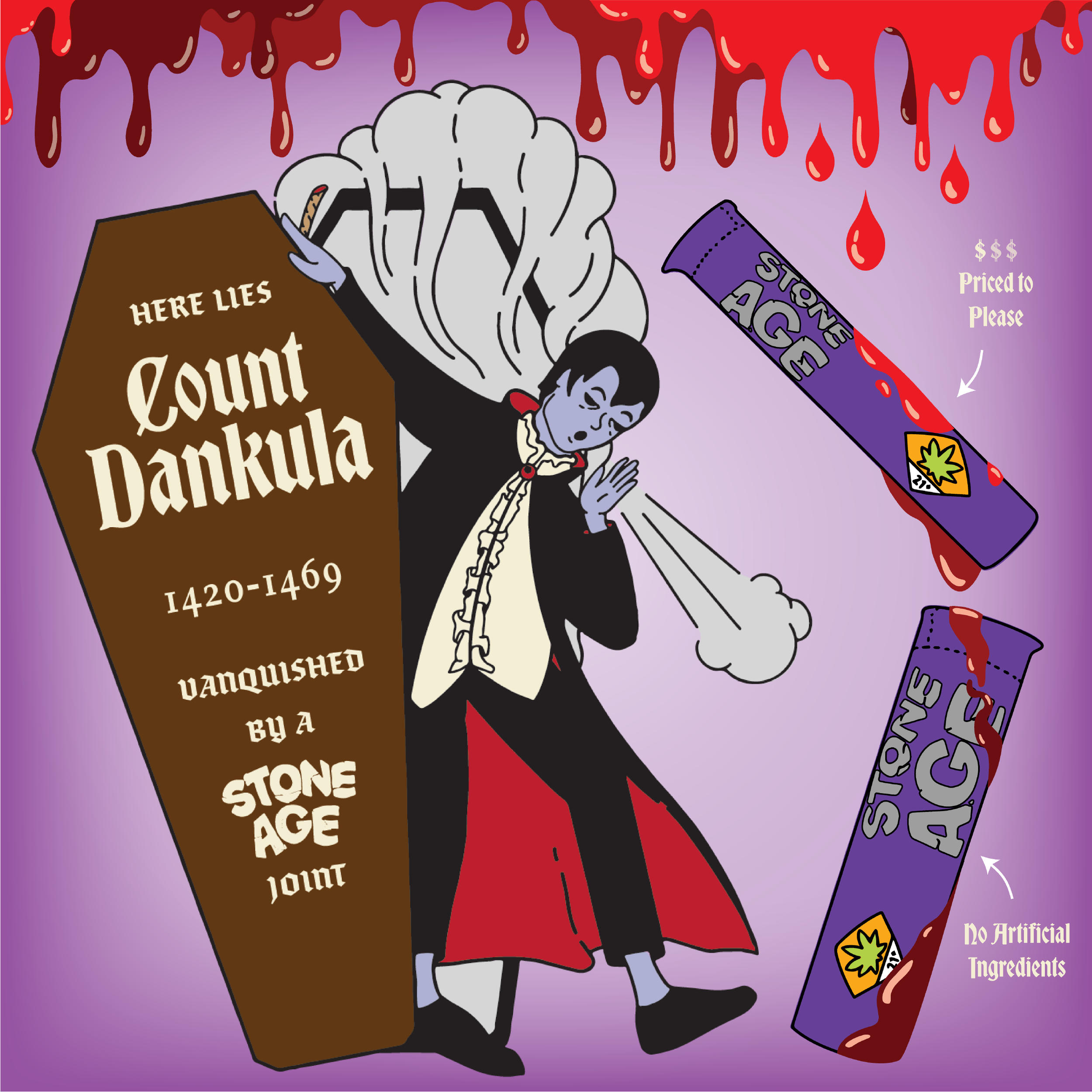 Illustration of Count Dankula being repelled by Stone Age joints, with a coffin labeled "Here Lies Count Dankula 1420-1469, Vanquished by a Stone Age Joint." The image features dripping red liquid and emphasizes "Priced to Please" and "No Artificial Ingredients."