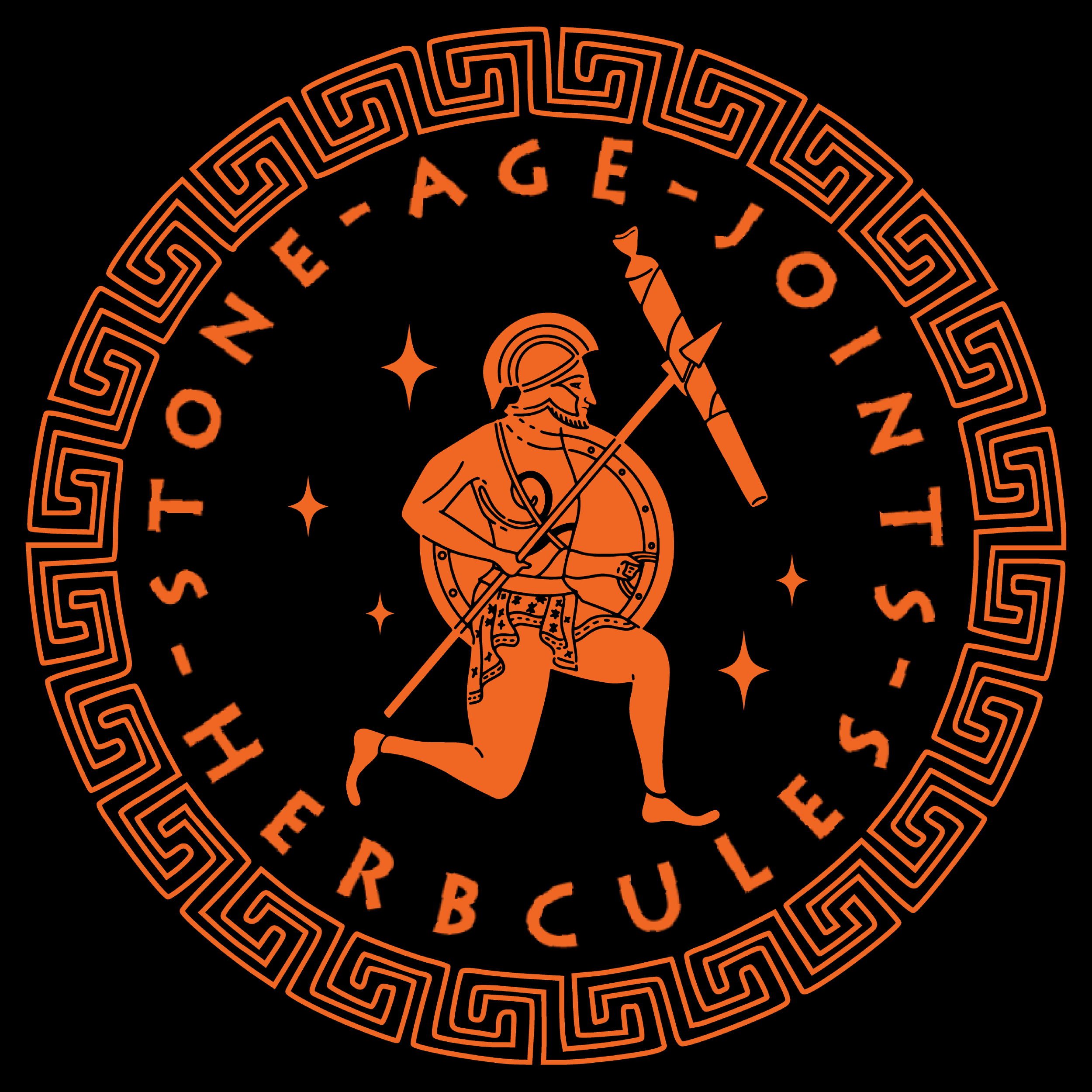 Greek-style illustration with warrior holding large joint, text "Stone Age Joints Herbcules" in circular pattern, orange on black background.