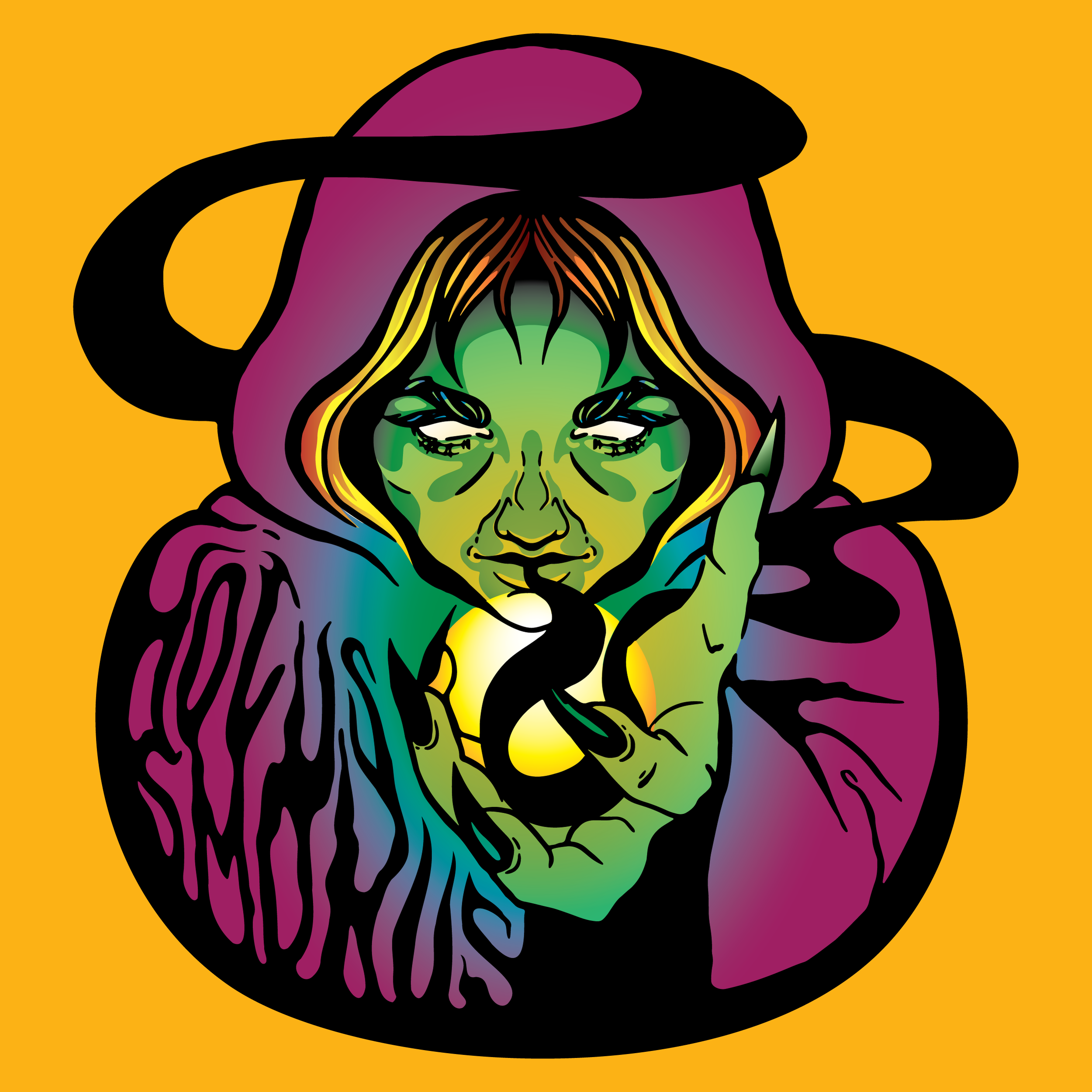 Hocus Smokus Illustration of a hooded figure with green skin holding a glowing object.