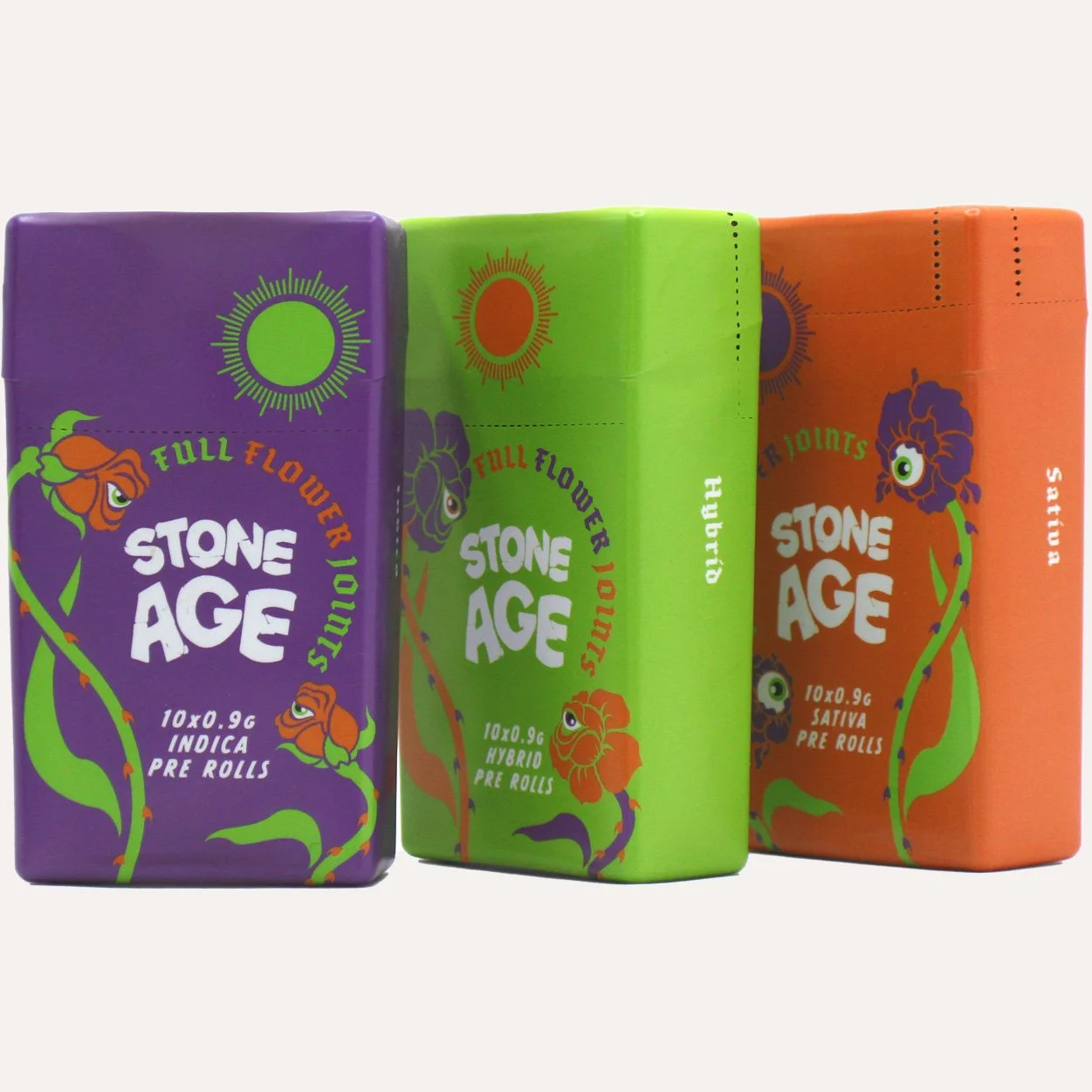 Three colorful packages of Stone Age brand full flower joints in Indica, Hybrid, and Sativa varieties.